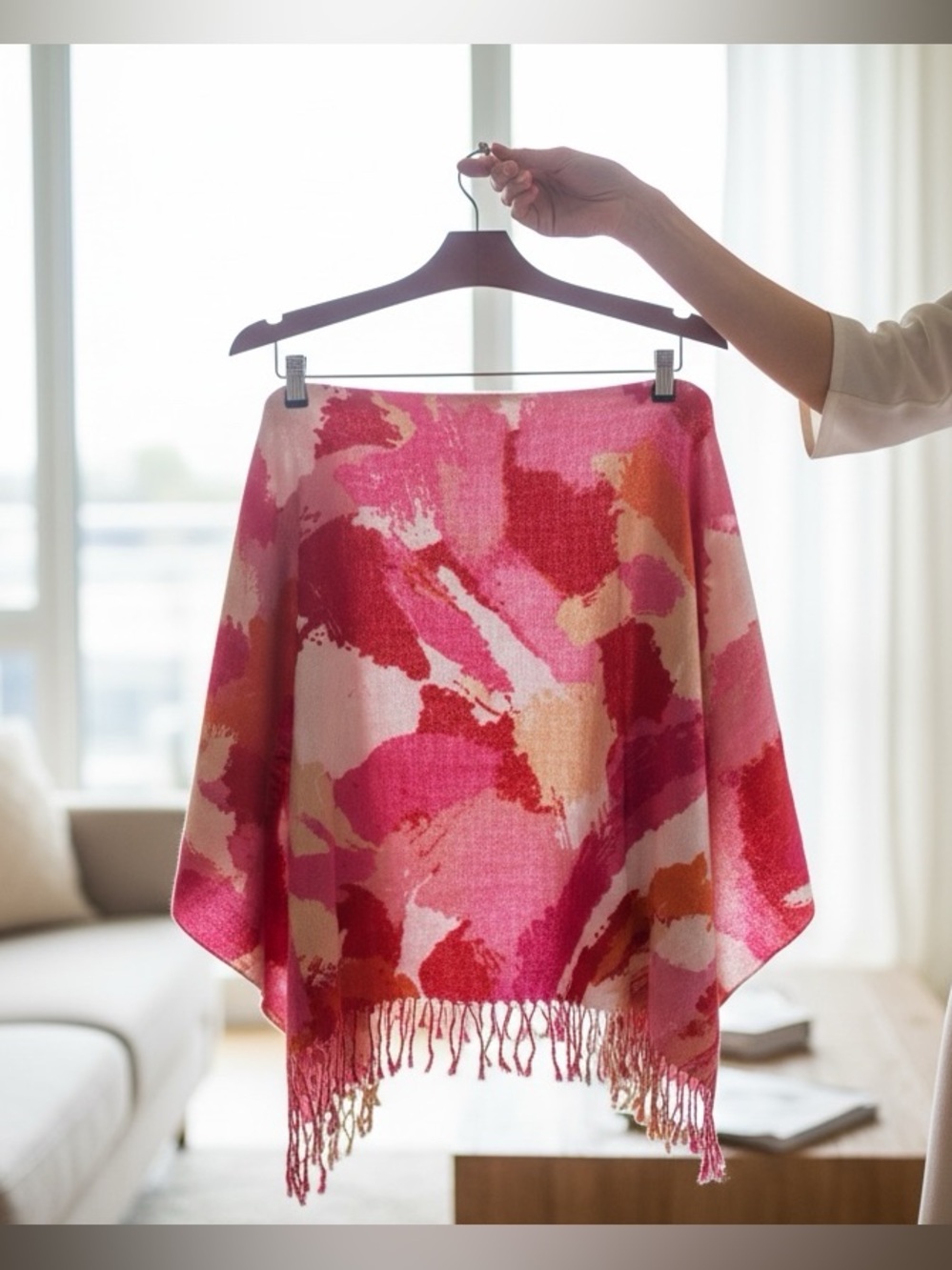 Woven Oblong Scarf/Wrap Pinks, Reds, Ivory, Tan